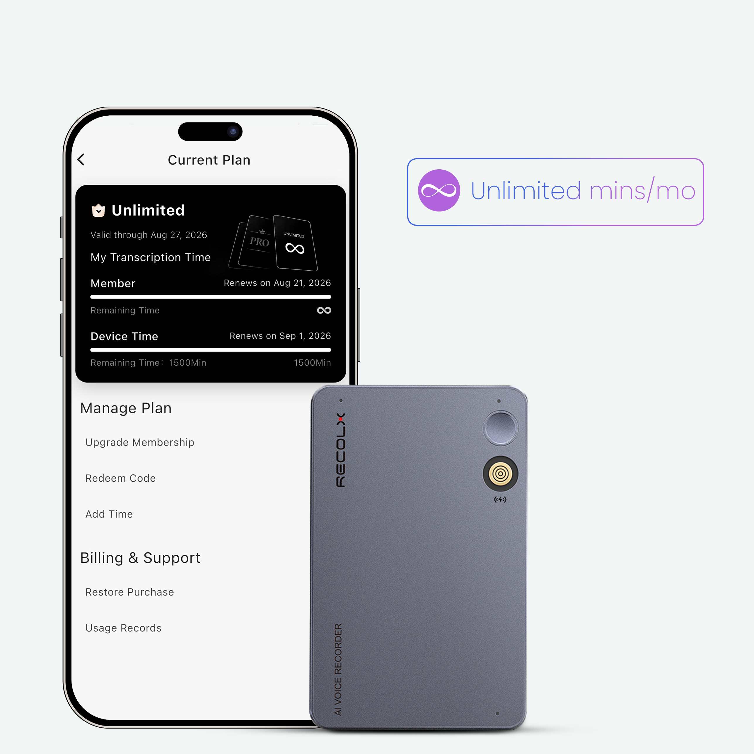 Recolx Tap™ Pro AI音声レコーダー & AI年間プロプラン