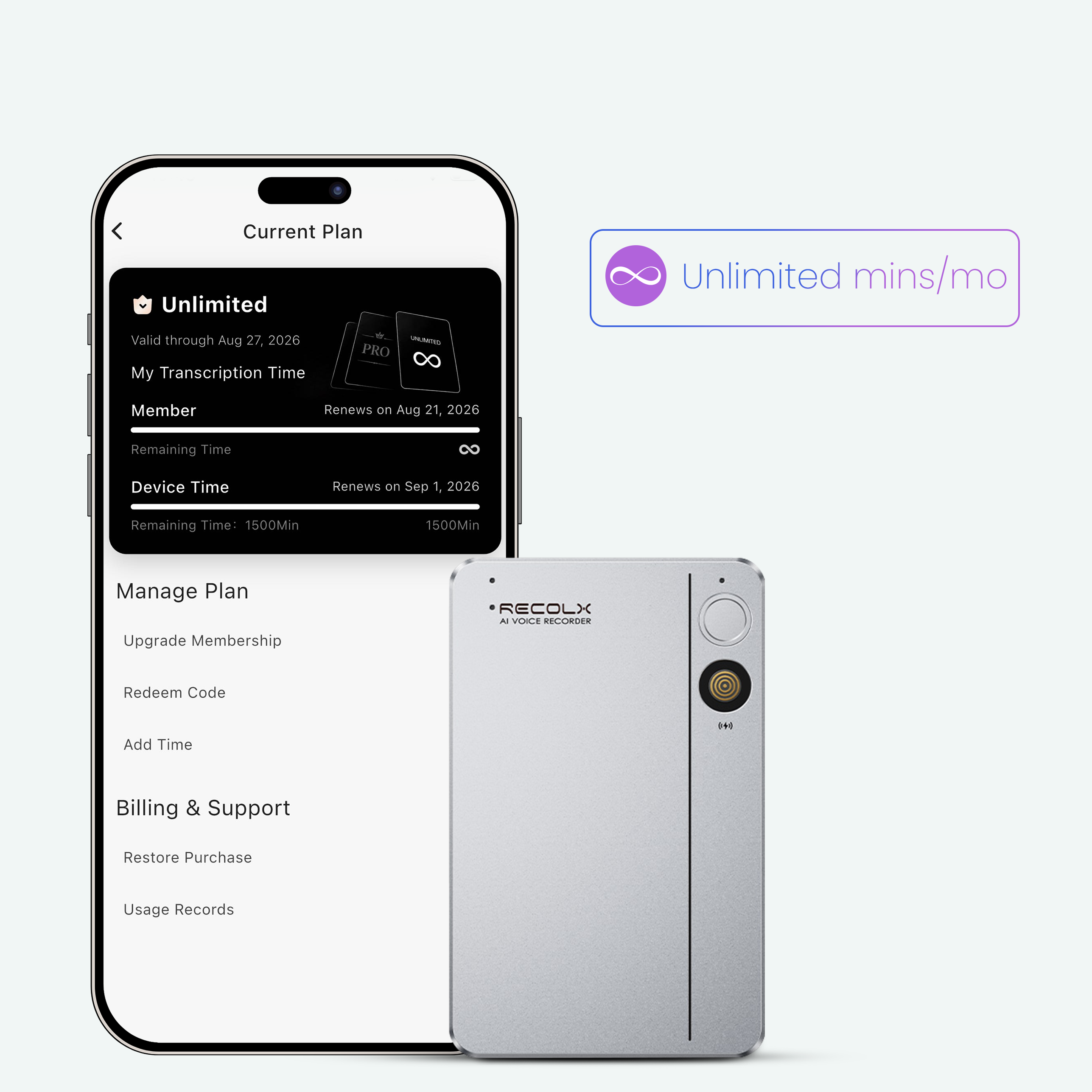 Recolx Tap™ AI Voice Recorder & AI Annual Unlimited Plan